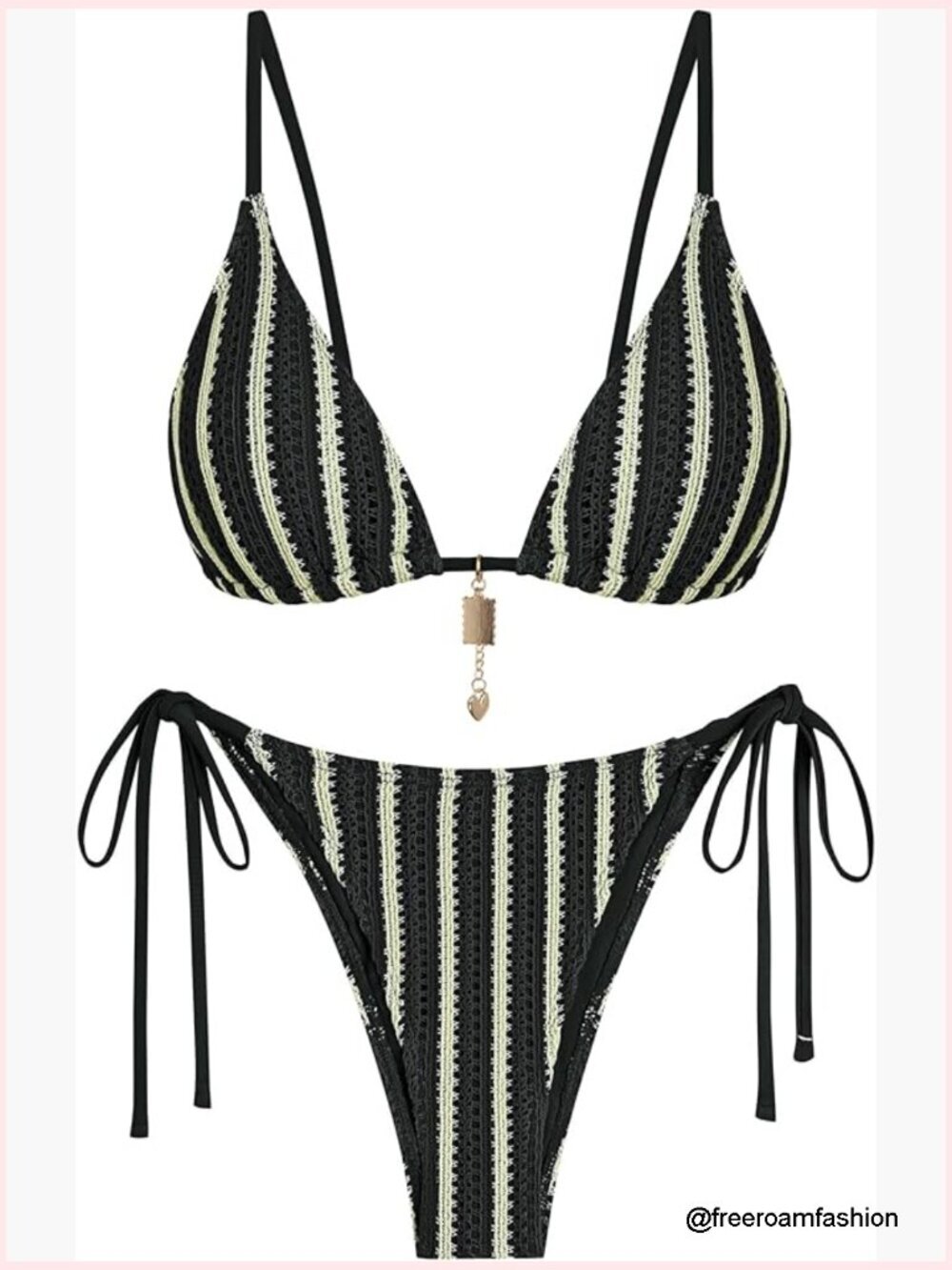 Crochet Bikini Set - Striped High Cut Thong Swimsuit